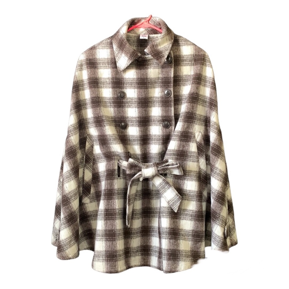 Jockey Person to Person Tartan Plaid Double Breasted Belted Wool Blend Cape Coat